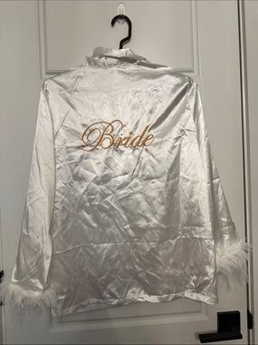 Satin 'Bride' Robe Jacket in White with Gold Embroidery